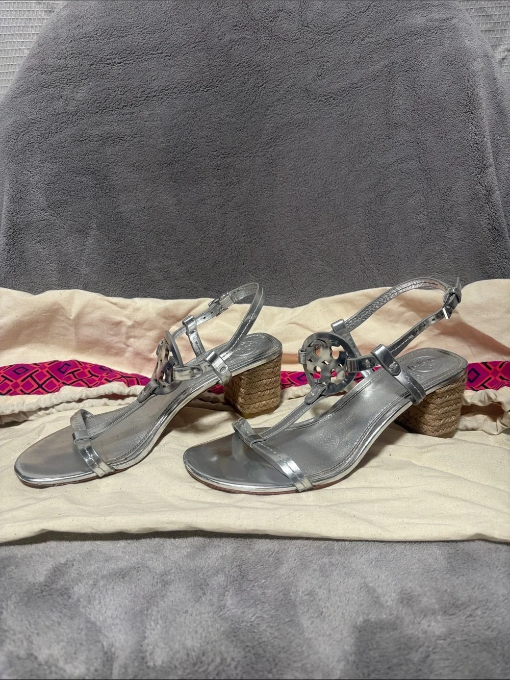 Tory Burch Metallic Silver T-Strap Logo Sandals